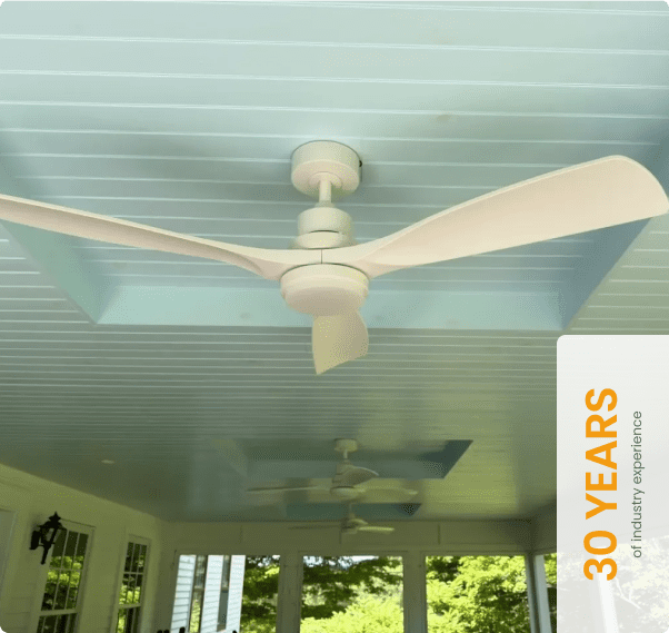 Ceiling fan on a blue porch ceiling.