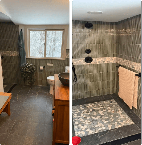 Modern bathroom with tiled shower and window.